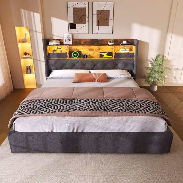 Letto imbottito 140x200 cm grigio con materasso, LED, ricarica USB/Type-C e contenitore