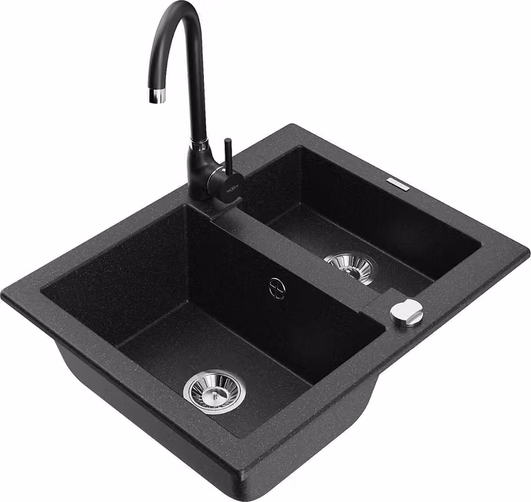 Mexen Carlos lavello in granito 1,5 vasche con miscelatore da cucina Telma, nero/argento metallico - 6518-73-670200-70
