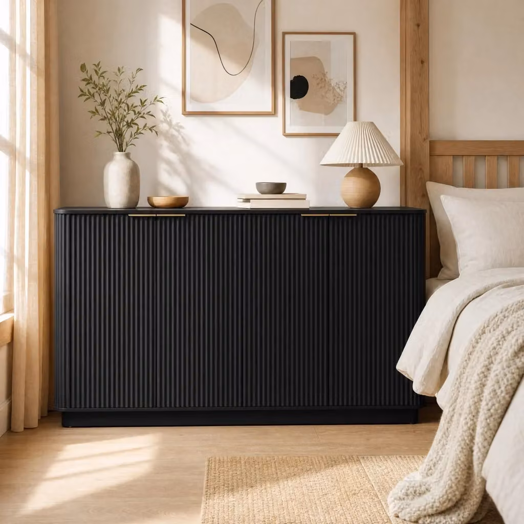 Madia Mivray a 4 ante con superficie ondulata in MDF nero e maniglie dorate con ripiano centrale L: 160 cm, P: 40 cm, H: 80 cm – 2