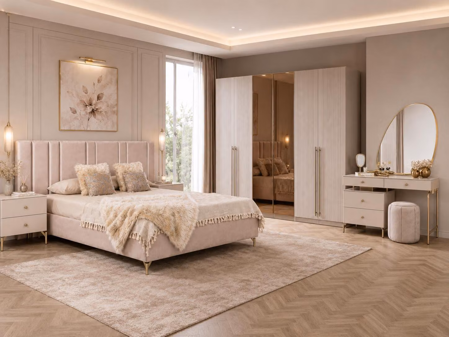 Set per camera da letto: letto, armadio, angolo trucco. Design moderno, colore beige