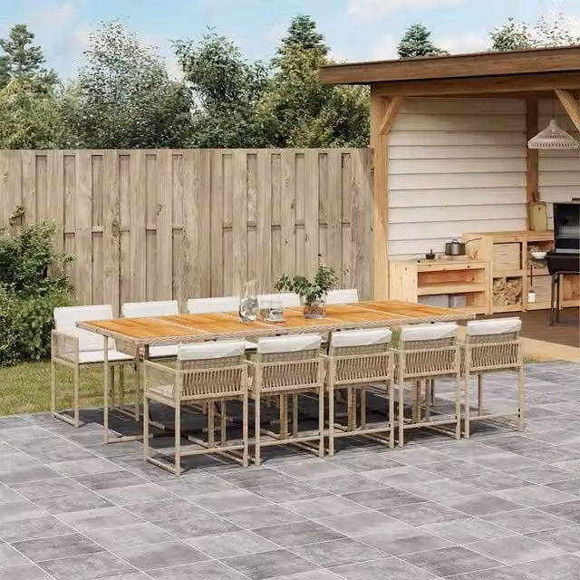 Set da pranzo da giardino vidaXL in polyrattan con cuscini beige e tavolo in legno di acacia, 11 pezzi – 1