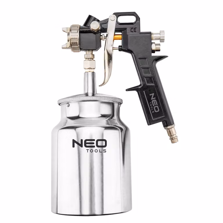 Pistola a spruzzo NEO TOOLS con tazza inferiore 1,0 l, ugello 1,5 mm, pressione di esercizio 4 bar, consumo d'aria 75-230 l/min, doppio comando