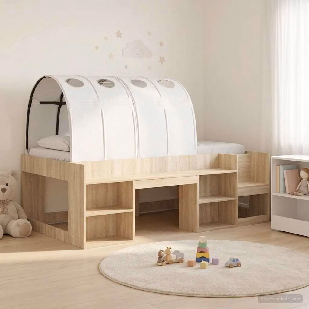 Set di 3 pezzi Letto per bambini con tunnel e scaffale vidaXL in MDF, Colore Rovere e Bianco, L: 120 cm x P: 65 cm x H: 108,5 cm (altezza materasso 203 cm)