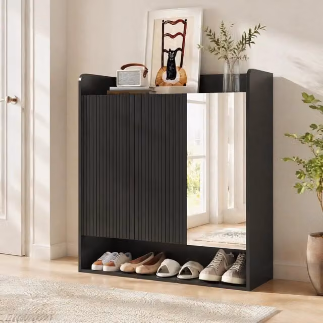 Armadio portascarpe nero con specchio integrato