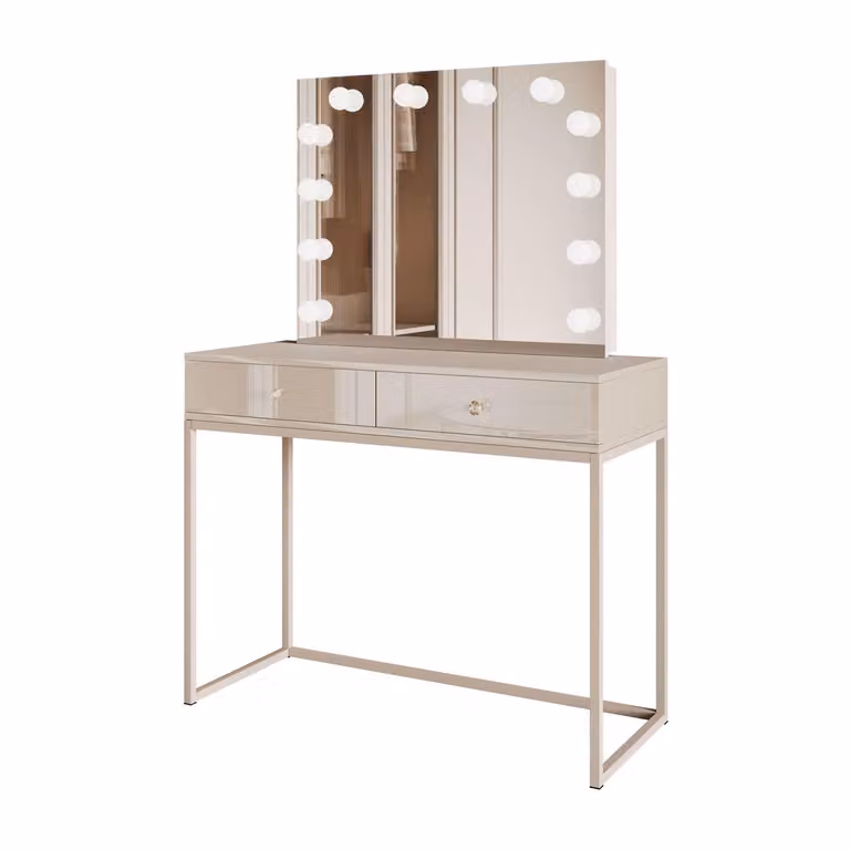 BLANCO KASZMIR ELITE, tavolino da toilette con specchio e illuminazione su struttura in cashmere, maniglia in cristallo bianco