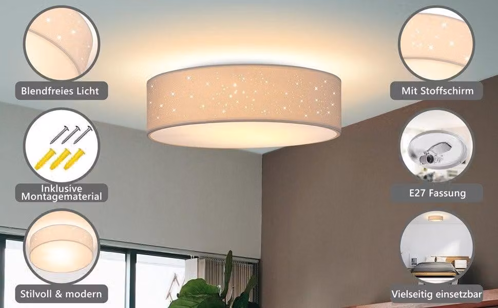 Lampada da soffitto 30 cm in tessuto, attacco E27, facile installazione, bianco