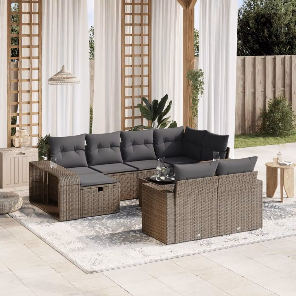 vidaXL Set Divani da Giardino 11 pz in Polyrattan Grigio con Cuscini e Tavolino – 1