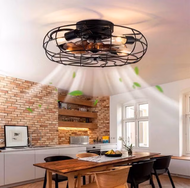 Ventilatore da soffitto con gabbia 19" a 6 velocità, motore reversibile, nero e noce scuro