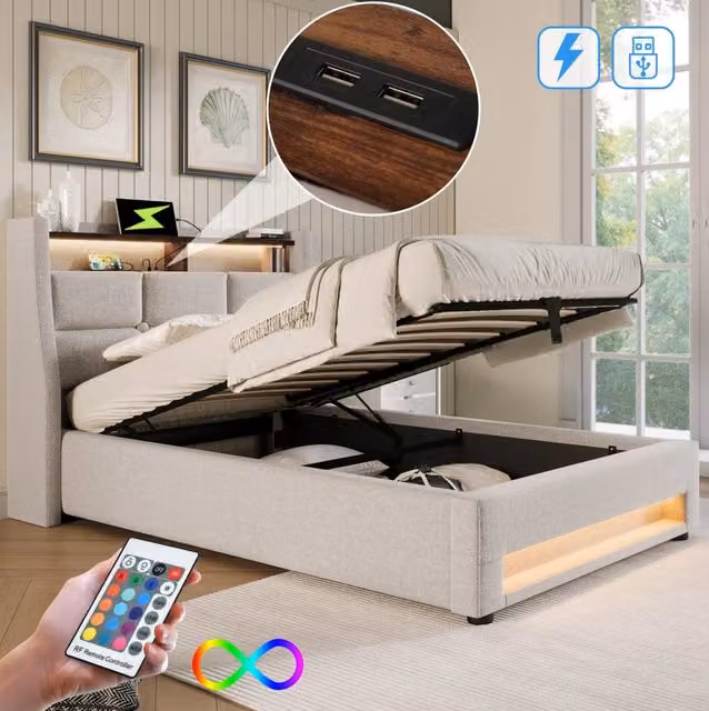Letto contenitore 90x200 cm rivestito in lino beige con USB e LED, senza materasso