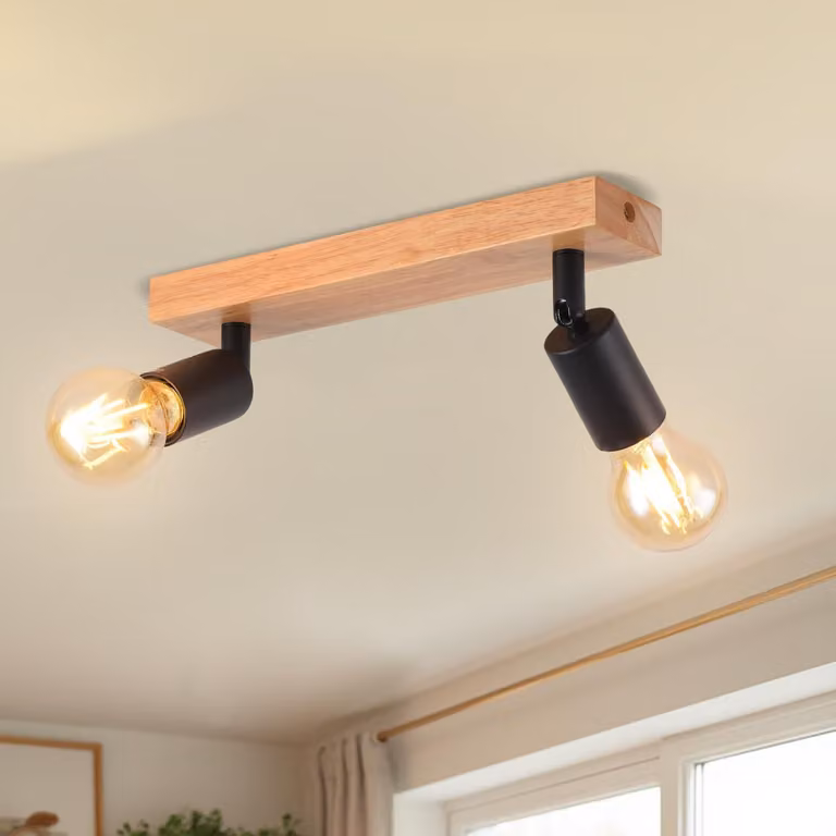 LVWIT Plafoniera a soffitto in legno, 2 luci, nera, attacco E27, set di 2, lampada da soffitto in legno, attacco E27, faretti da soffitto, orientabili a 350°, adatti per soggiorno, camera da letto, cucina (senza lampadine)