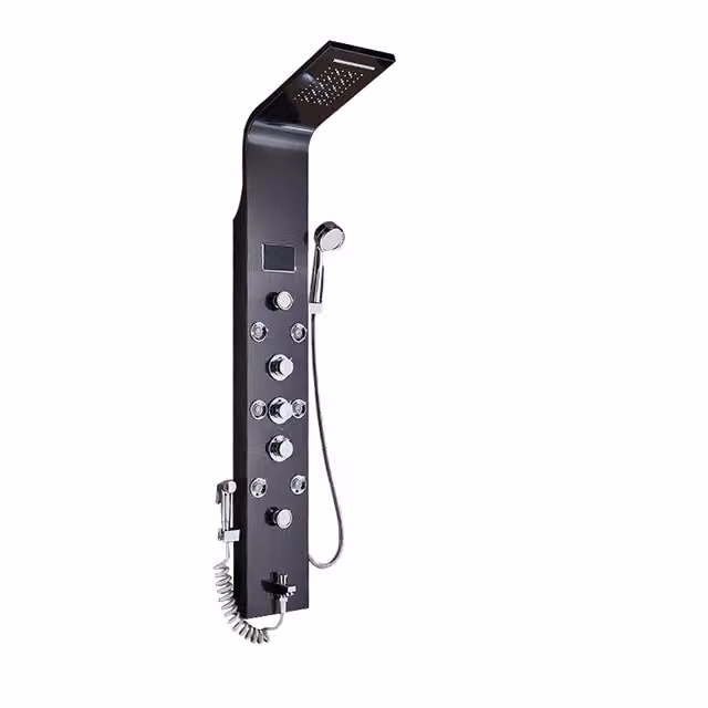 Pannello doccia, soffione a cascata, miscelatore caldo/freddo, nero 8009