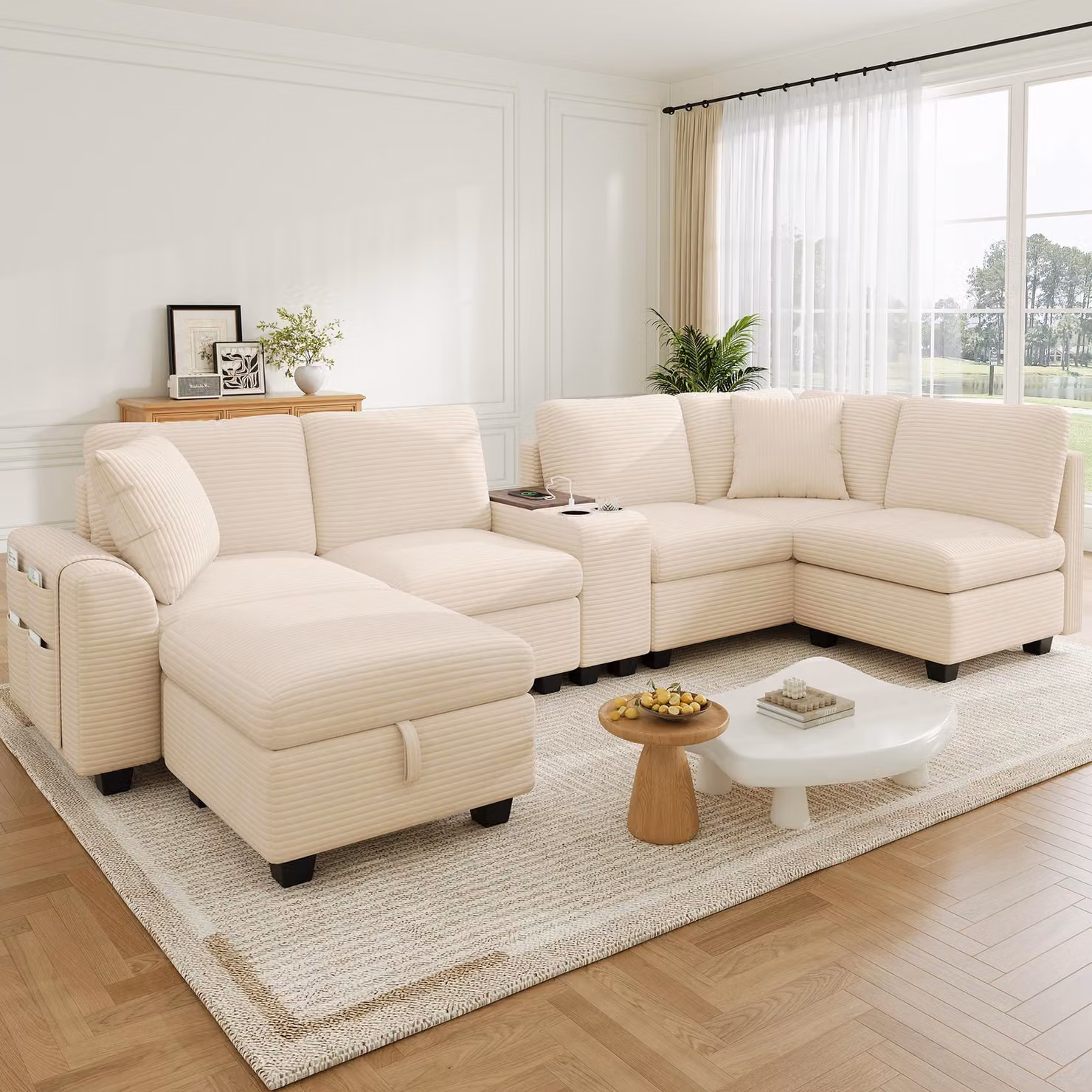 Divano angolare a forma di "U" Merax, 6 posti, divano modulare a forma di "L" con poggiapiedi contenitore, consolle centrale con porta USB di tipo C e portabicchieri, set di divani componibili, color beige
