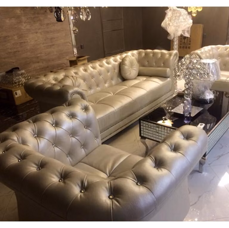 Design Chesterfield Sofagarnitur 3+2+1 Couchtisch Leder Silber Couch Polster