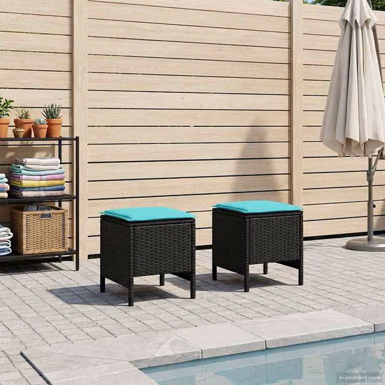 Set di 2 poggiapiedi da giardino vidaXL in rattan sintetico con cuscini rimovibili, colori nero e turchese, L/P/H: 45 x 38 x 38 cm