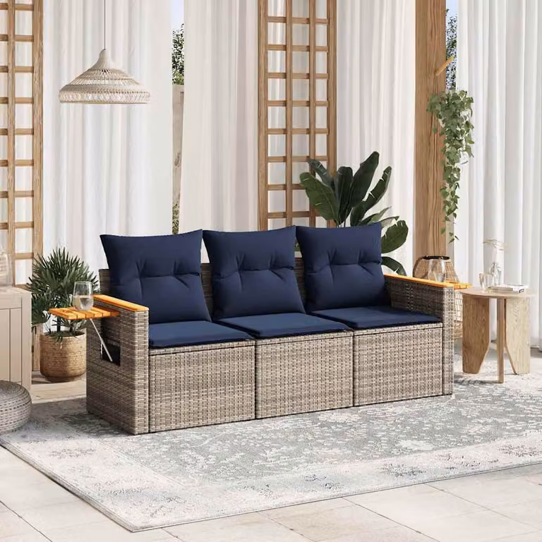 Set da giardino vidaXL composto da divano a 3 posti, poltrona lounge e tavolino da caffè in rattan con cuscini grigi e struttura in acciaio e legno di acacia
