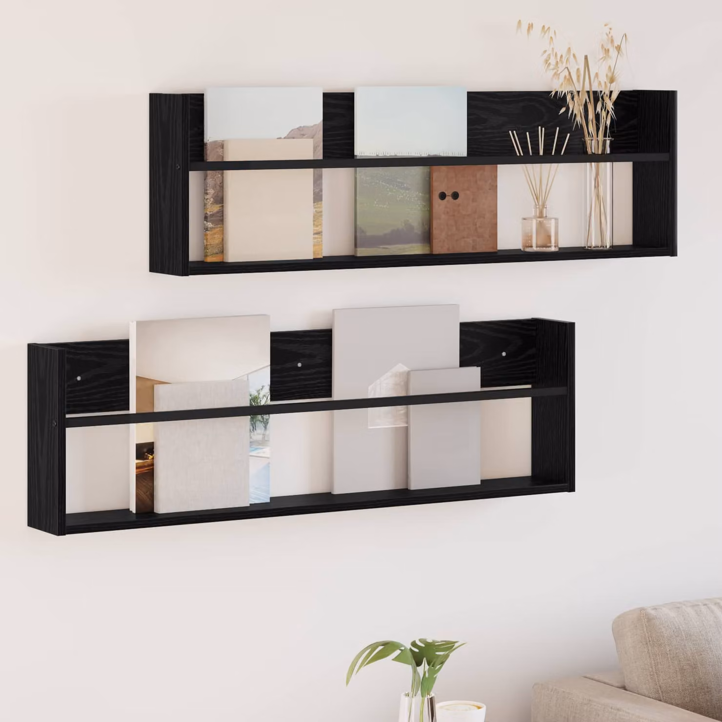 Set di 2 Scaffali per riviste da parete vidaXL in stile moderno, colore Nero, L 100 x P 12 x H 30 cm