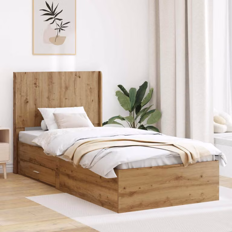 Letto con contenitore e testata vidaXL in legno Rovere Artigianale, L: 140 cm, P: 203 cm, H: 97 cm