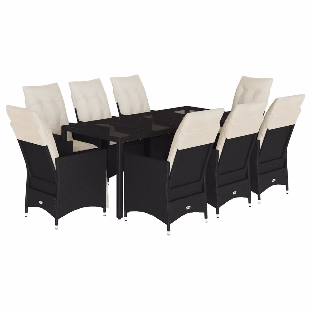 Set da pranzo da giardino vidaXL in polyrattan nero con cuscini e piano in vetro per terrazzo e giardino, 9 pezzi – 2