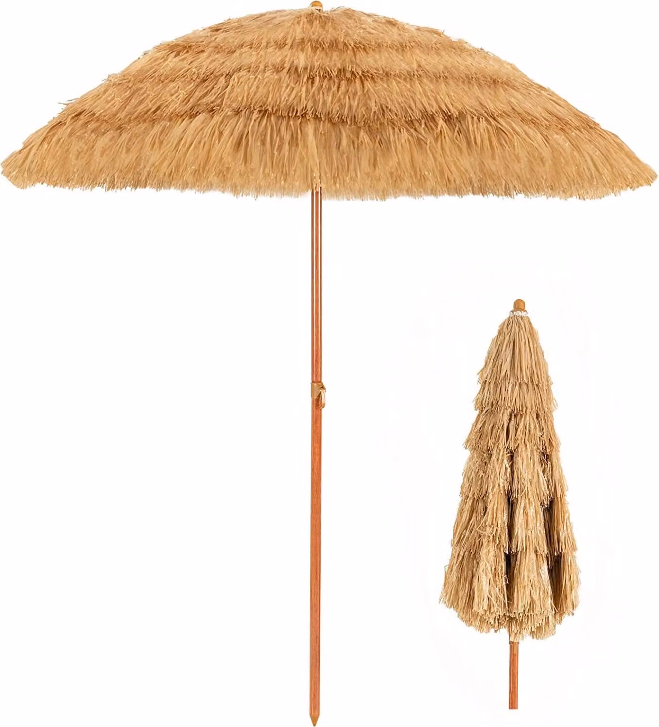 KOMFOTTEU Ombrellone da spiaggia 200 cm, ombrellone hawaiano, ombrellone pieghevole in rattan, ombrellone in paglia dal design innovativo, ombrellone da mercato Tiki per giardino e balcone