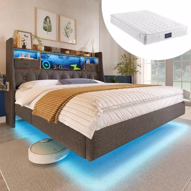 Letto Imbottito Contenitore 140x200 con LED e Testiera ¨C MINIMAL ¨C Grigio, Tessuto, Rete a Doghe