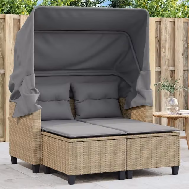 Divano Giardino 2 Posti-Sofa da Giardino-Divanetto da esterno Baldacchino e Sgabelli Beige Polyrattan 862764