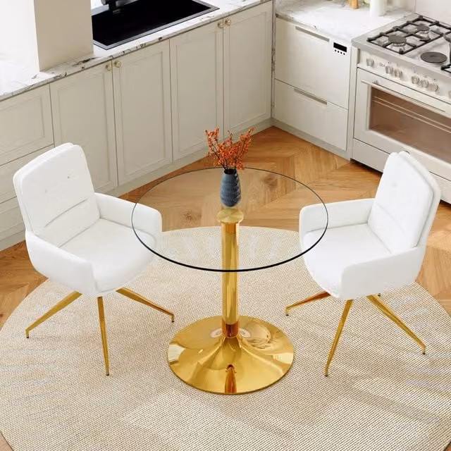 Set tavolo e sedie: tavolo rotondo in vetro temperato Ø85 cm con struttura metallica, 2 sedie da pranzo girevoli a 360° in PU bianco-oro