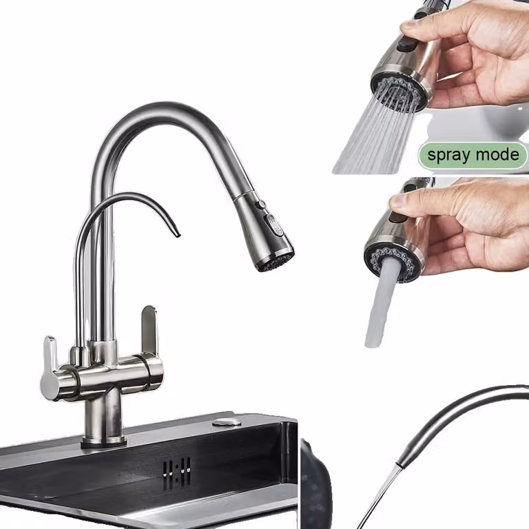 Rubinetto da cucina antico, design estraibile, doppia maniglia, nichel spazzolato