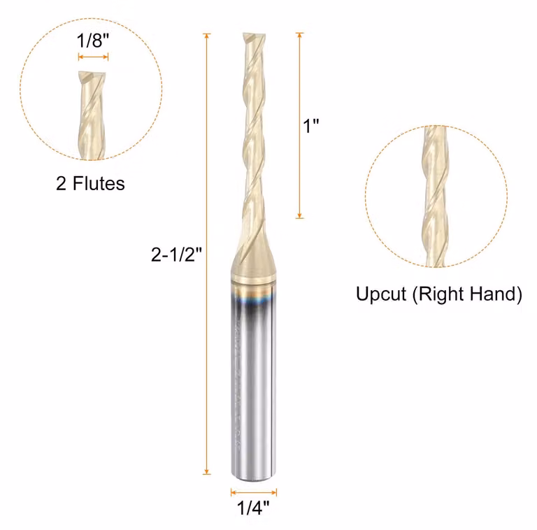 Fresatura a spirale da 1/8 di pollice con rivestimento dorato, ideale per macchine CNC