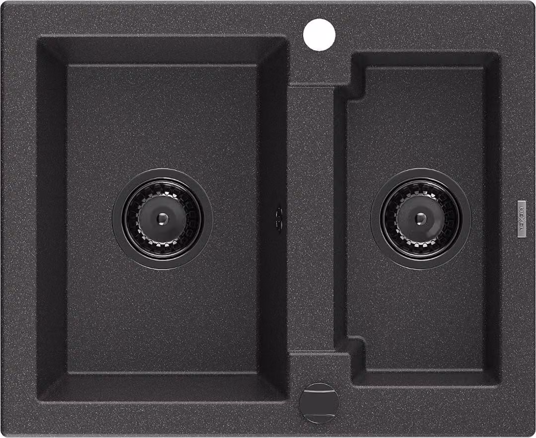 Mexen Carlos lavello in granito da cucina 1,5 vasche 582 x 475 mm, nero maculato, sifone nero - 6518581500-76-B