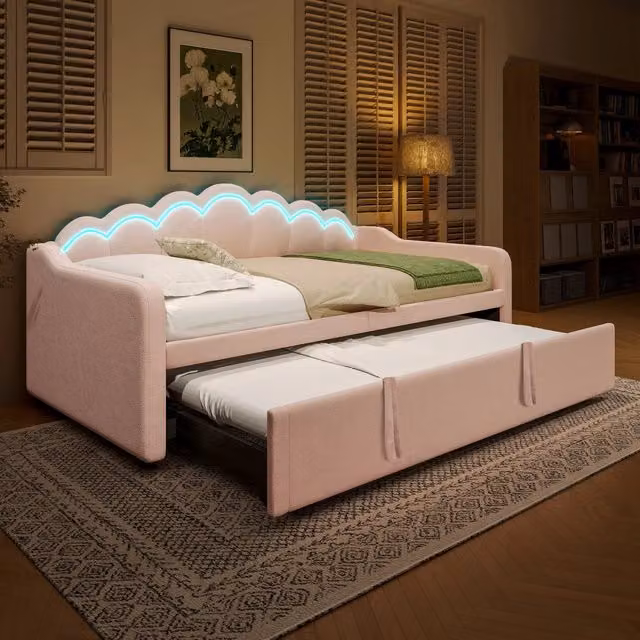 Divano letto estraibile convertibile 90x200 cm 180x200 cm; day bed LED multicolore; velluto; letto singolo e matrimoniale senza materasso; rosa