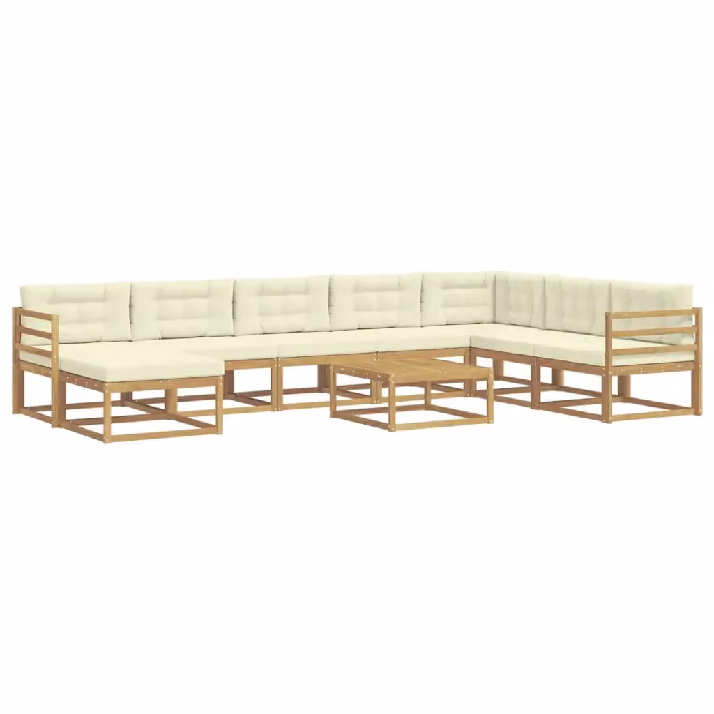 Set di divani da esterno a forma di U vidaXL in legno di acacia con tavolino e pouf, Bianco e Beige – 2