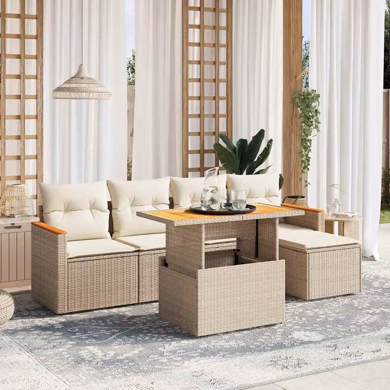 vidaXL Set Divano da Giardino a L 6 pz in Polyrattan con Cuscini Beige e Tavolino da Esterno