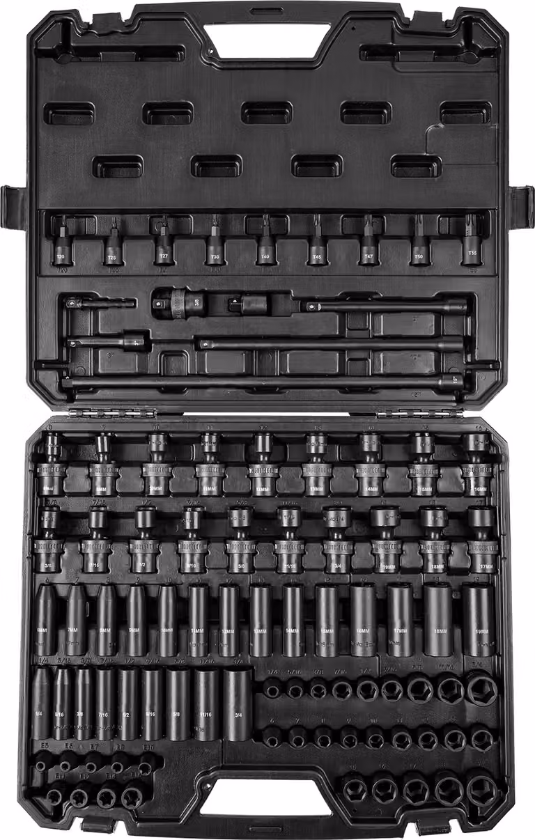SucceBuy Set di chiavi a bussola con attacco da 3/8", 90 pezzi SAE 1/4"-3/4" e metrico 6-19 mm, in acciaio legato Cr-Mo a 6 punte per la riparazione di auto, incl. aste di prolunga, giunto cardanico, adattatore e custodia con serratura