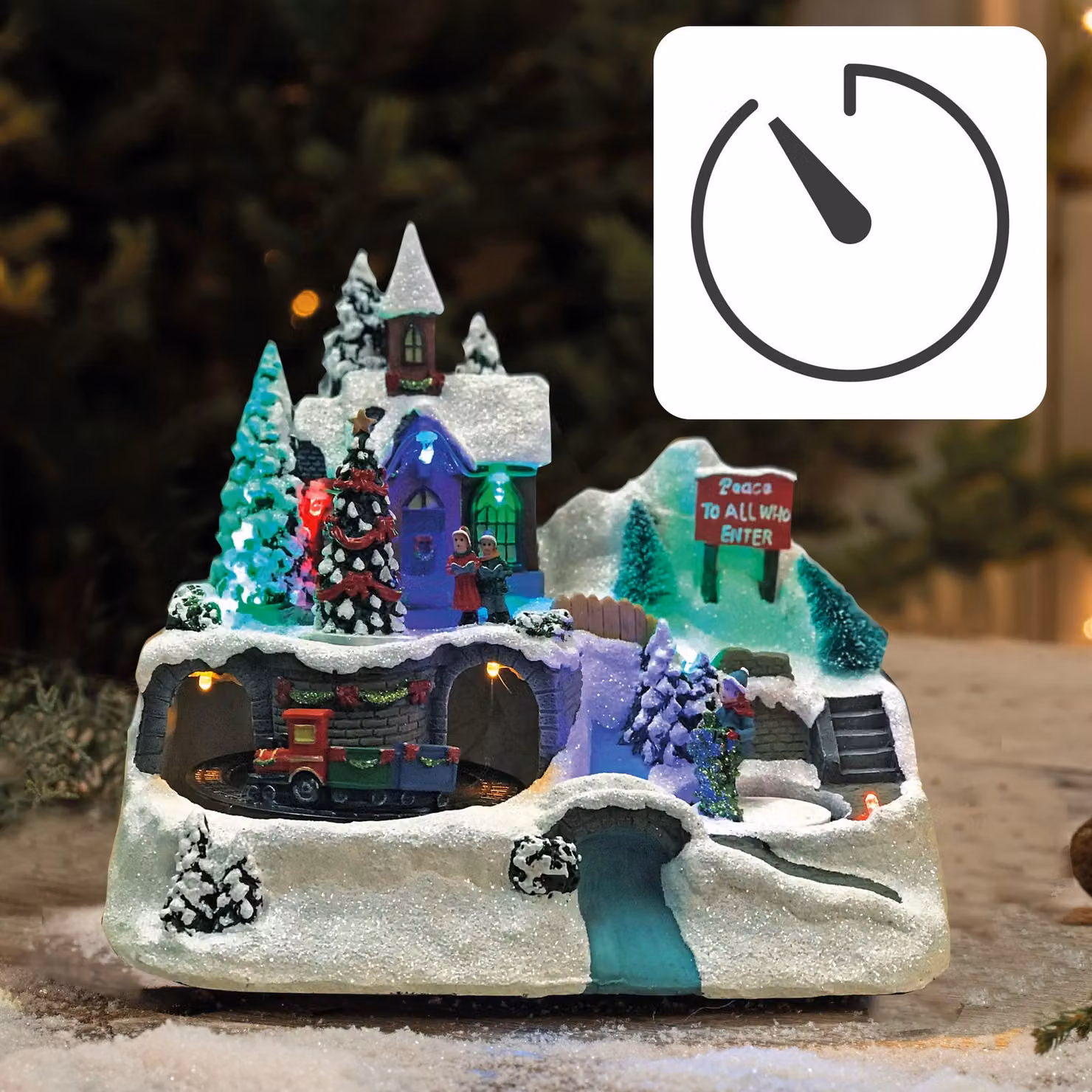 Villaggio natalizio a LED con trenino, scenario invernale illuminato, decorazioni con luci RGB, case alimentate a batteria