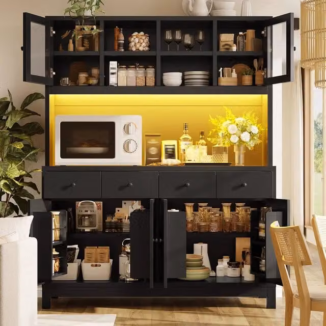 Mobile Buffet con LED RGB ¨C Minimal ¨C Nero, Ante in Vetro, 4 Cassetti, 140x38.5x180cm