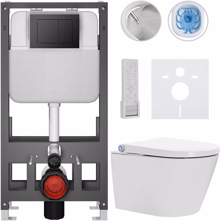 Water WC sospeso con bidet Basic/Cronus Premium - bianco lucido - pulsante WC Maxio/nero - freestanding - installazione a parete - 59,3x38,4 cm
