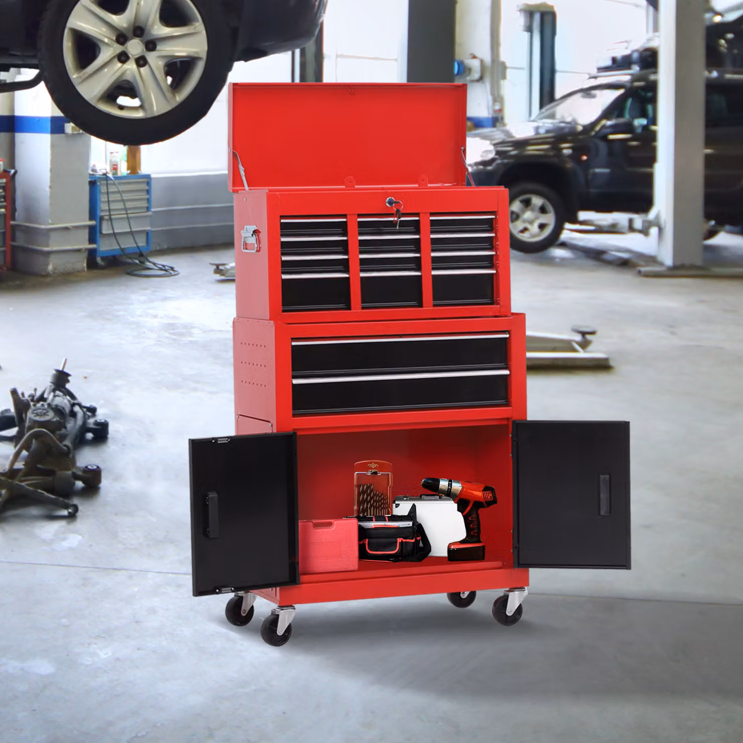 Carrello porta attrezzi 2 in 1 HOMCOM in metallo con cassetta superiore e armadietto inferiore, Rosso, L: 61.6 cm, P: 33 cm, H: 108 cm – 2