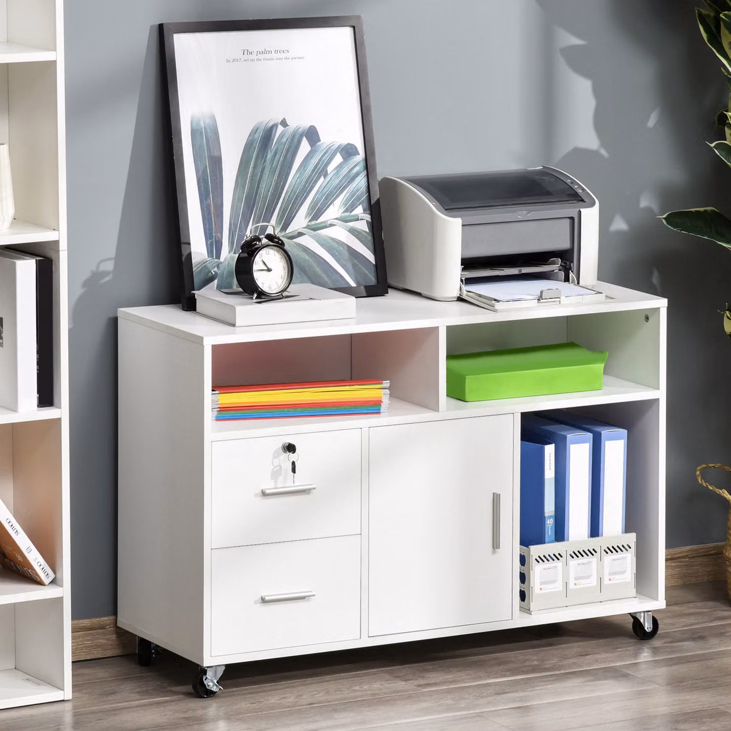 Mobiletto Multiuso HOMCOM Minimalista per Ufficio e Casa con Cassetti con Chiave e 4 Ruote, Bianco, L 100 cm x P 35 cm x H 65 cm – 2