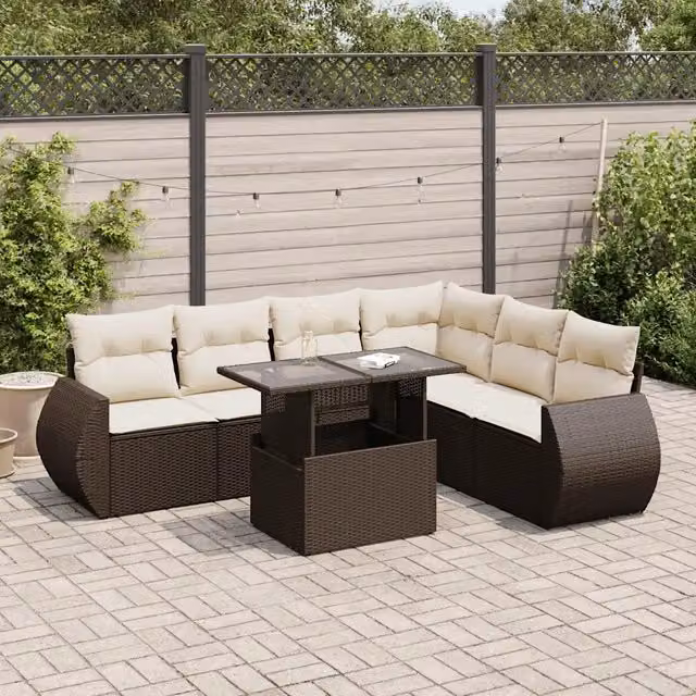 Set Divani da Giardino 7 pz con Cuscini Marrone in Polyrattan 3326654
