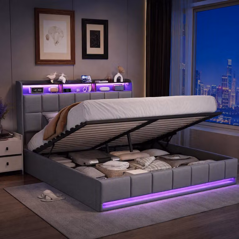 Letto imbottito ProximaX 140x200 cm in tessuto di lino grigio, letto contenitore con illuminazione a LED e stazione di ricarica USB/Type-C