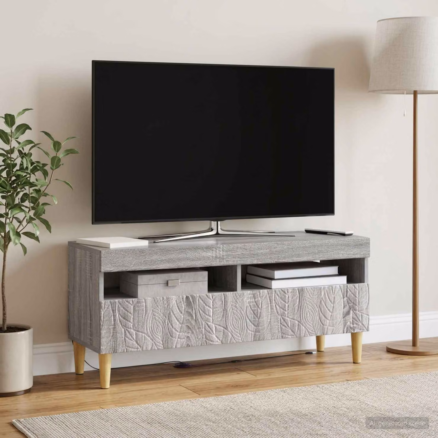 Mobile TV LED vidaXL in legno ingegnerizzato color grigio con illuminazione integrata e scomparti multimediali