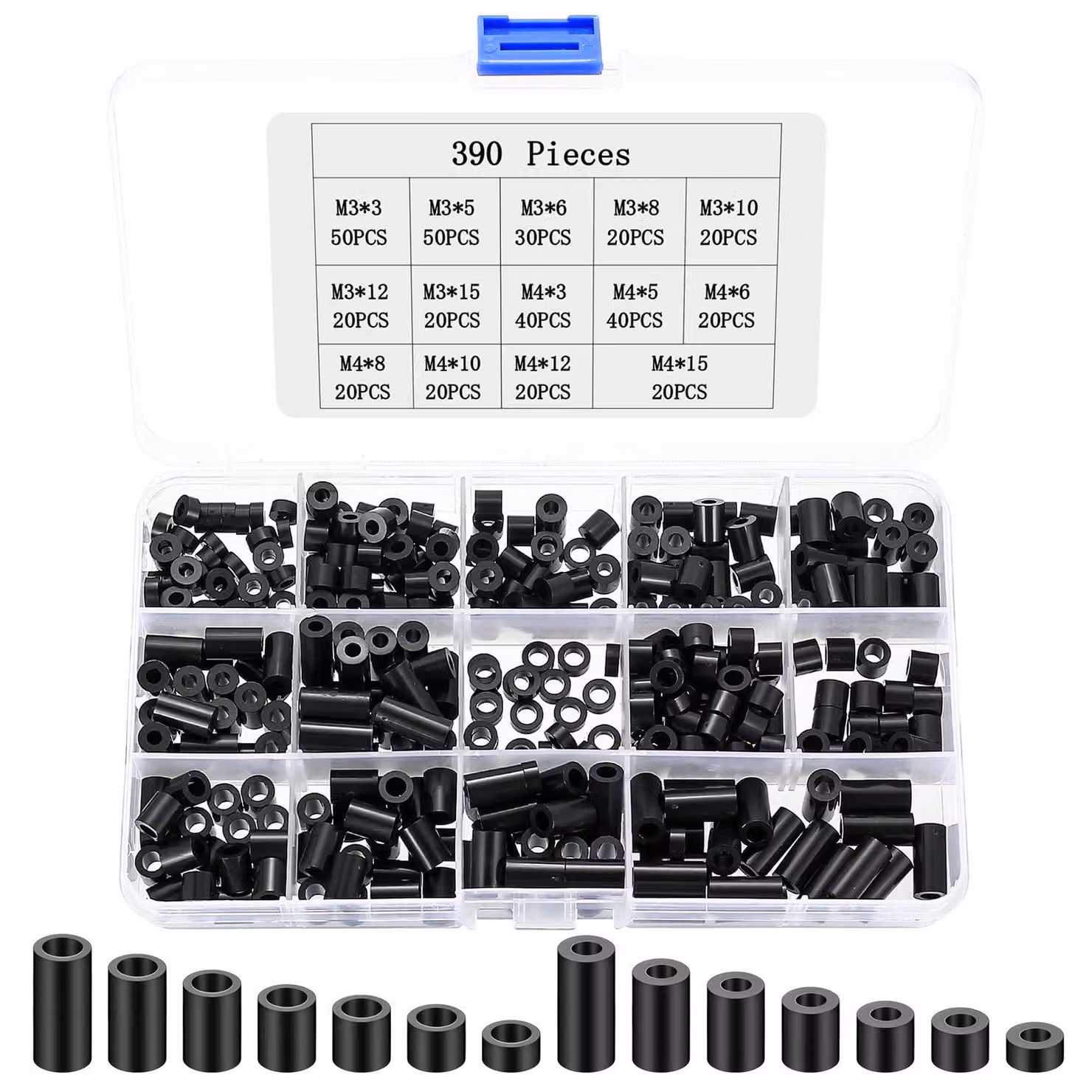 390 distanziatori in ABS, plastica, rotondi, neri, per viti M3 e M4