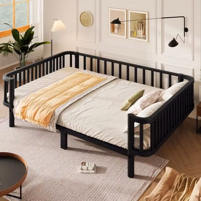 Struttura letto 140 × 200 cm in metallo nero con rete a doghe in acciaio e sponde laterali rinforzate
