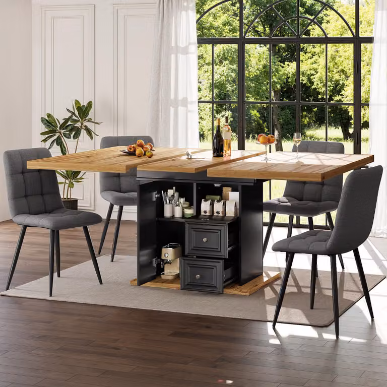 Tavolo da pranzo allungabile Flieks con vano portaoggetti, tavolo da pranzo con piano allungabile, tavolo da soggiorno per 6 persone, 110-140x80x75 cm, nero