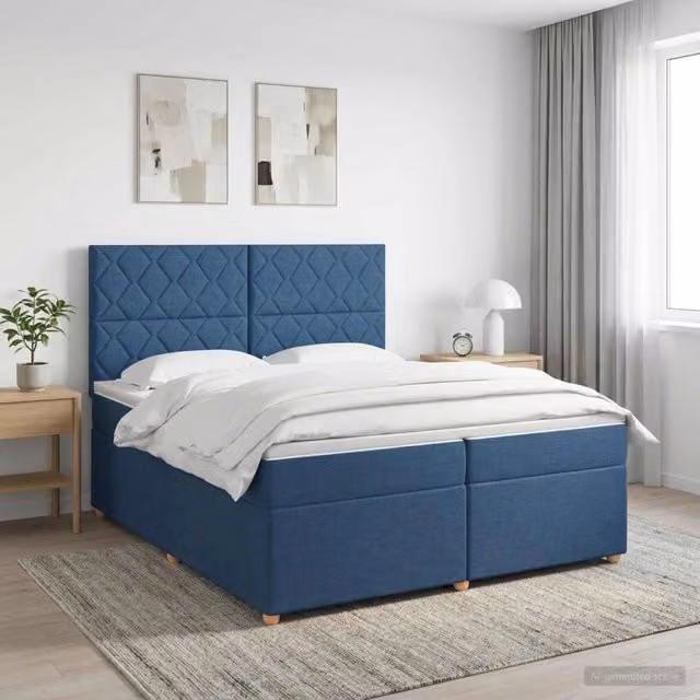 Letto box spring con materasso ibrido vidaXL in tessuto blu e bianco L/P: 200 x 200 cm