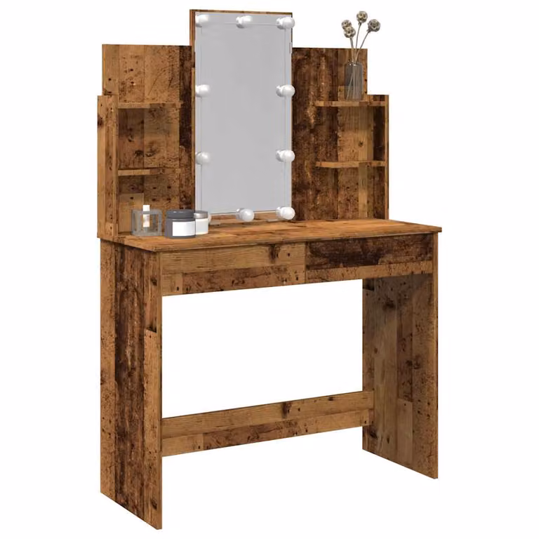 vidaXL Toeletta Hollywood con Luci LED in Legno Antico Marrone L: 96 cm, P: 40 cm, H: 142 cm