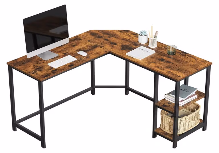 Scrivania a forma di L per computer – Stile vintage – Struttura in metallo nero – Gambe regolabili – 138 x 138 x 75 cm