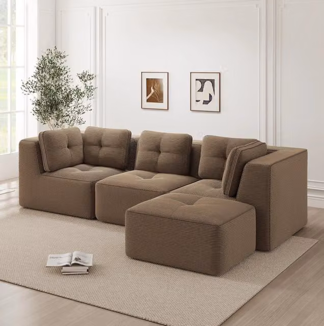 Divano angolare modulare 297x177x69 cm in velluto a coste marrone; senza montaggio