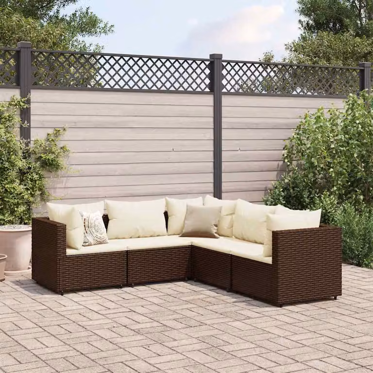 Set di Divani da Giardino vidaXL 5 pz a Forma di L con Cuscini Marrone e Bianco in Polyrattan e Acciaio
