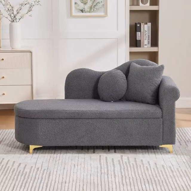 Chaiselongue WISHDOR multifunzionale in tessuto bouclé grigio con vano portaoggetti e 2 cuscini, design rétro L/P/H: 134 x 64 x 70 cm